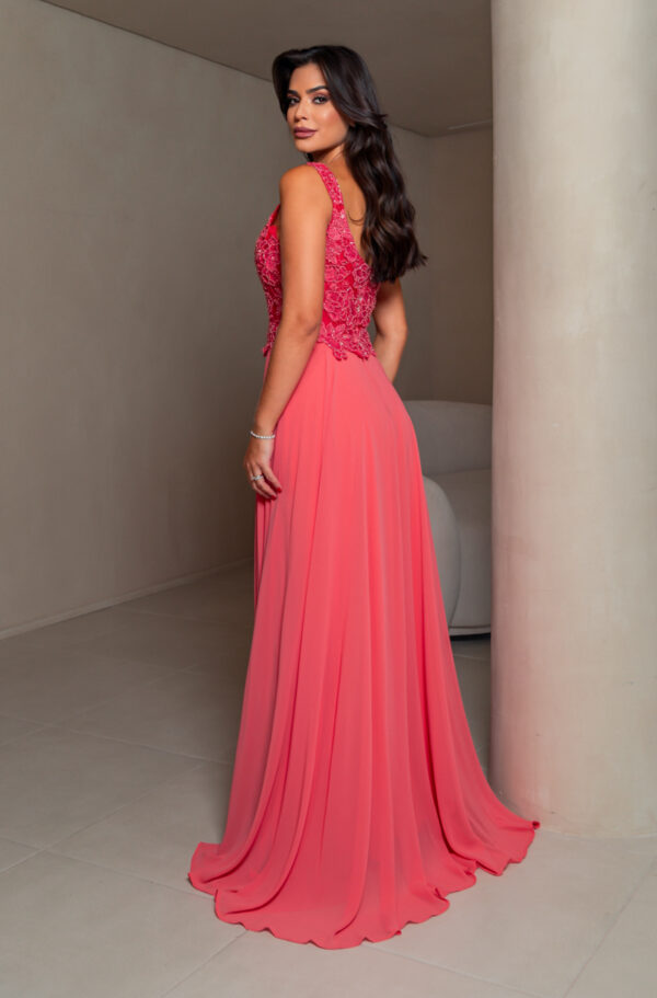 5688 - Vestido Veda busto renda bordada e saia de chiffon rodada - 38 40 - Coral - Image 5