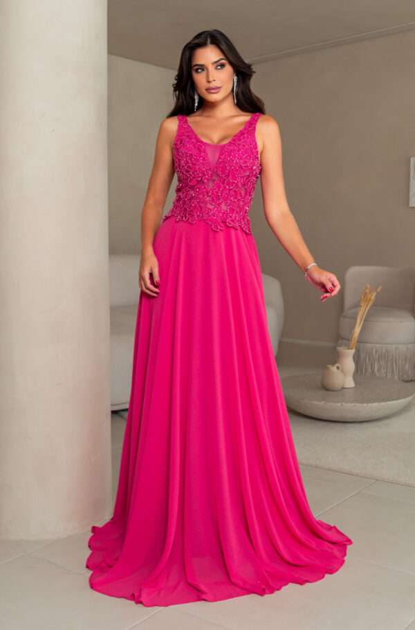 5688 - Vestido Veda busto renda bordada e saia de chiffon rodada - 38 40 - Pink