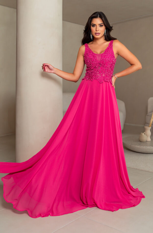 5688 - Vestido Veda busto renda bordada e saia de chiffon rodada - 38 40 - Pink - Image 3