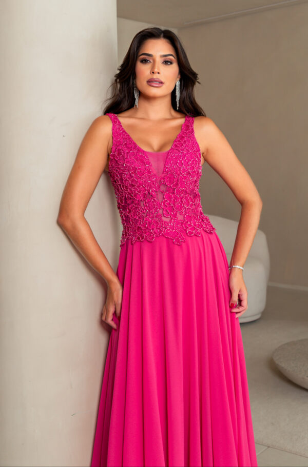 5688 - Vestido Veda busto renda bordada e saia de chiffon rodada - 38 40 - Pink - Image 4