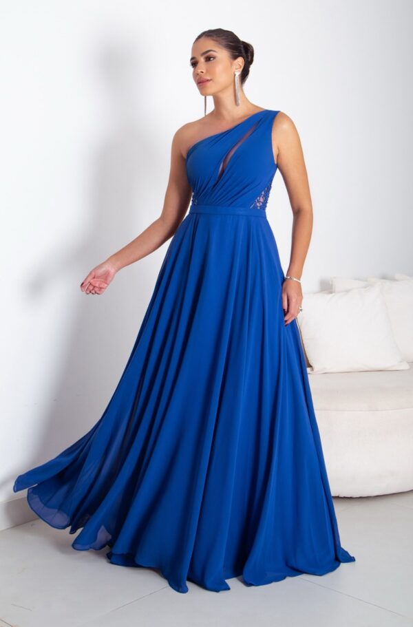 5705 - Vestido Camilla Chiffon um ombro franzido e aplicação bordada na lateral - 38 40 42 - Royal - Image 3