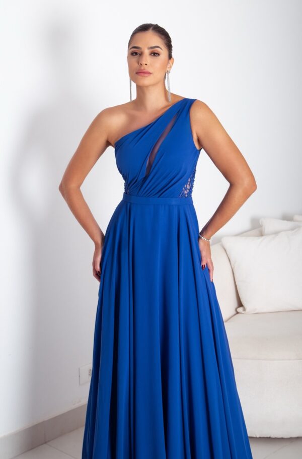 5705 - Vestido Camilla Chiffon um ombro franzido e aplicação bordada na lateral - 38 40 42 - Royal - Image 2