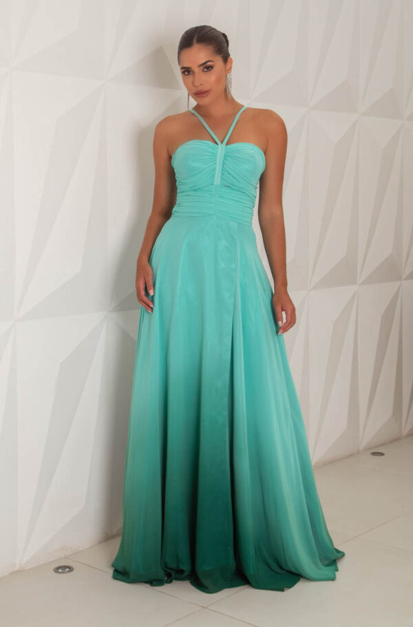 5771 - Vestido Miranda Chiffon busto franzido e saia fenda degrade - 38 40 42 - Tiffany