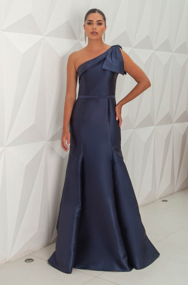 5788 - Vestido Myra Zibeline um ombro, pala frontal detalhe laço e saia sereia - 38 40 42 - Marinho