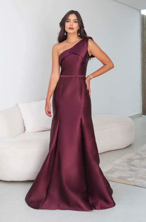 5788 - Vestido Myra Zibeline um ombro, pala frontal detalhe laço e saia sereia - 38 40 42 - Marsala - Image 5