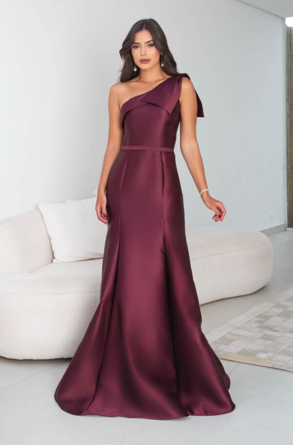 5788 - Vestido Myra Zibeline um ombro, pala frontal detalhe laço e saia sereia - 38 40 42 - Marsala