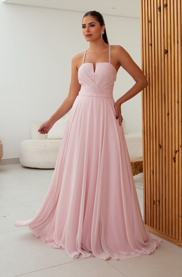 5791 – Vestido Medith Chiffon prega frontal, alça e saia rodada – 36 38 40 42 – Rosa - Image 3