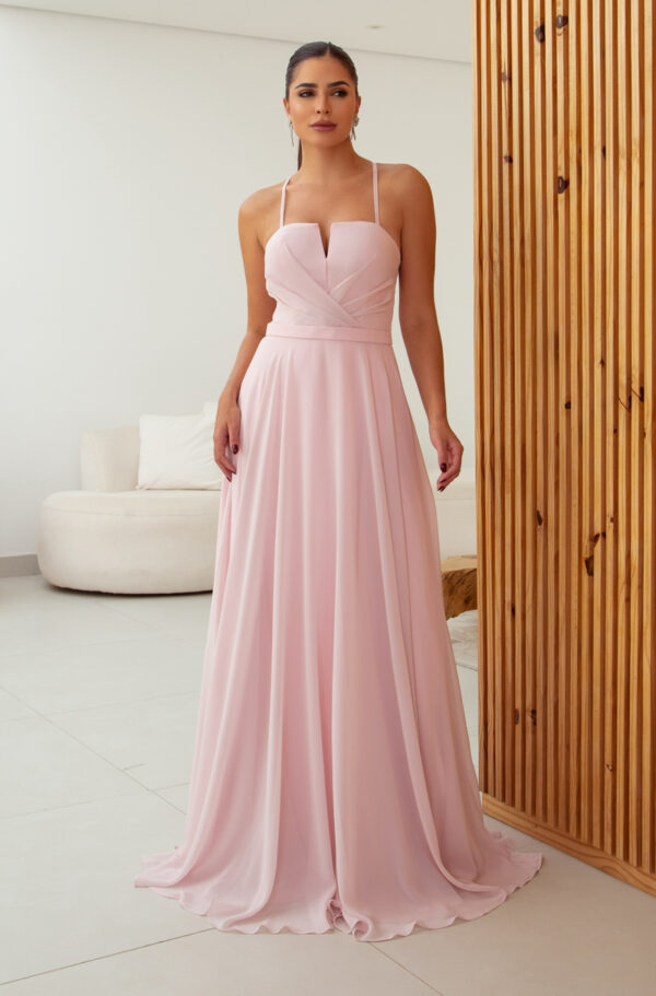 5791 – Vestido Medith Chiffon prega frontal, alça e saia rodada – 36 38 40 42 – Rosa