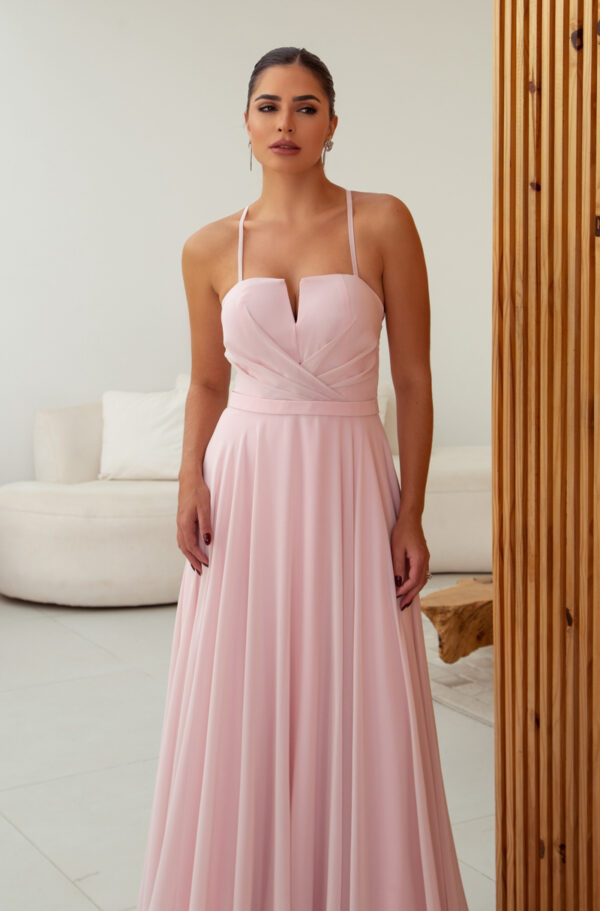 5791 – Vestido Medith Chiffon prega frontal, alça e saia rodada – 36 38 40 42 – Rosa - Image 4