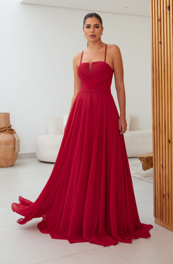 5791 – Vestido Medith Chiffon prega frontal, alça e saia rodada – 36 38 40 42 – Vermelho
