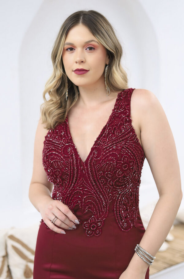 6120 - Vestido Fatima Bordado Alfaiataria e Saia fenda - 44 46 48 - Marsala - Image 4
