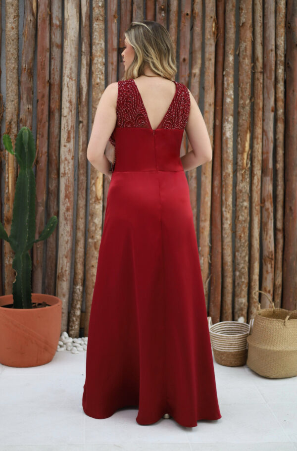 6507 - Vestido Julina busto bordado regata saia cetim evasê - 50 52 54 - Marsala - Image 4