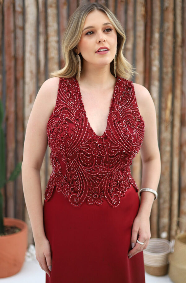 6507 - Vestido Julina busto bordado regata saia cetim evasê - 50 52 54 - Marsala - Image 2