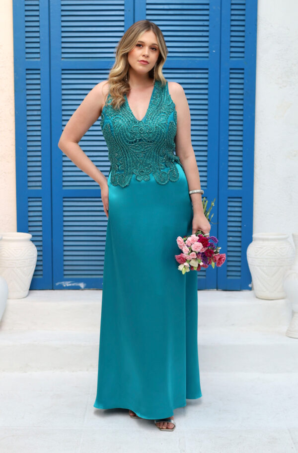 6507 - Vestido Julina busto bordado regata saia cetim evasê - 50 52 54 - Turquesa