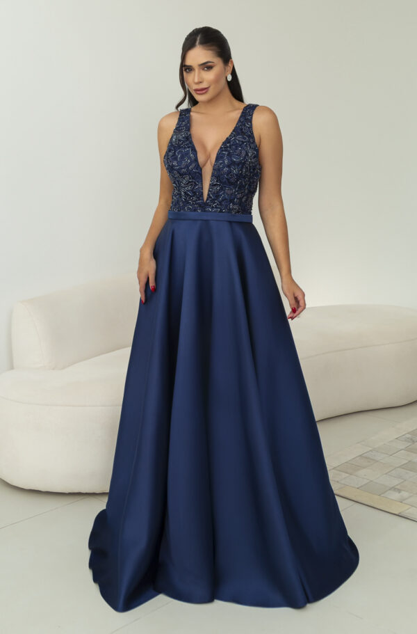 5844 - Vestido Aria Zibeline, busto bordado e saia rodada - 38 40 42 44 - Marinho - Image 2