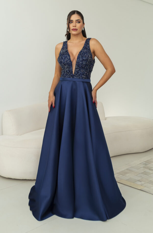 5844 - Vestido Aria Zibeline, busto bordado e saia rodada - 38 40 42 44 - Marinho - Image 4