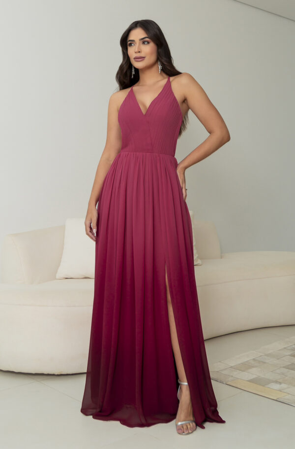 5793 - Vestido Nola Chiffon degrade busto plissado e saia fenda - 36 38 40 42 - Vermelho