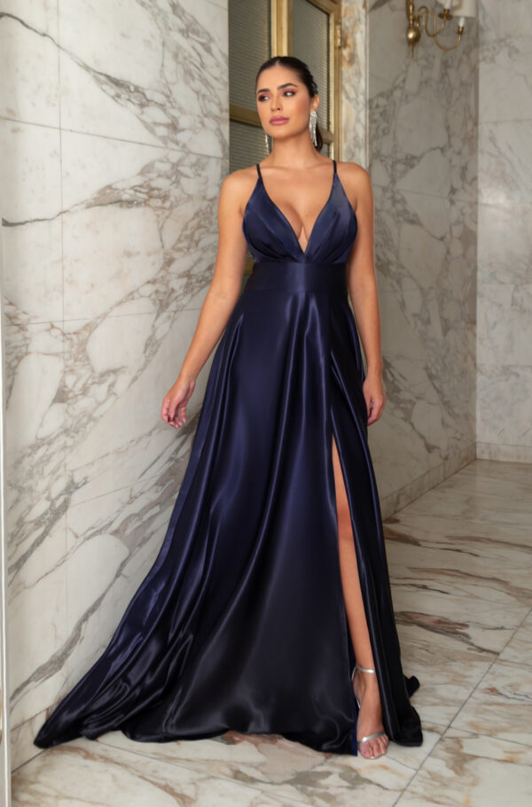 5800 - Vestido Gia Cetim degrade decote prega e saia fenda - 36 38 40 - Marinho - Image 3