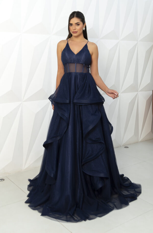 5819 - Vestido Reign Tule brilho regata com saia cascata - 36 38 40 42 - Marinho - Image 3