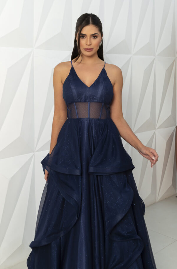 5819 - Vestido Reign Tule brilho regata com saia cascata - 36 38 40 42 - Marinho - Image 2