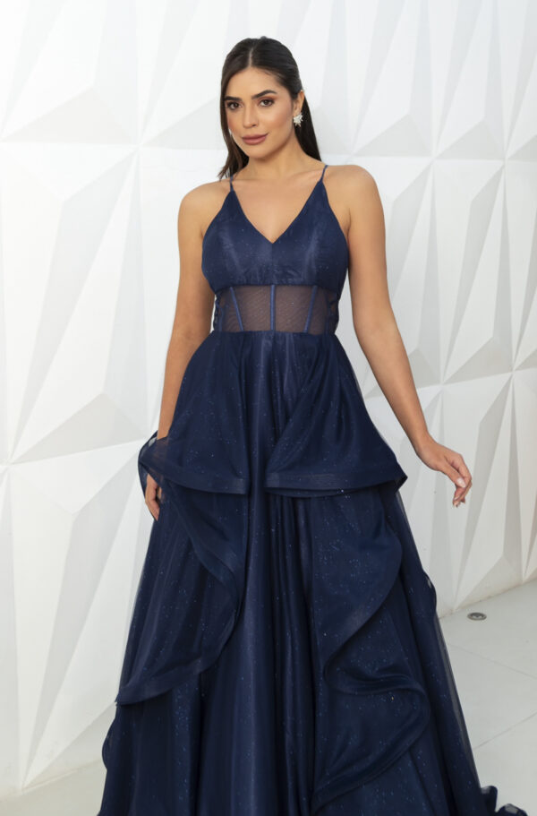 5819 - Vestido Reign Tule brilho regata com saia cascata - 36 38 40 42 - Marinho - Image 4