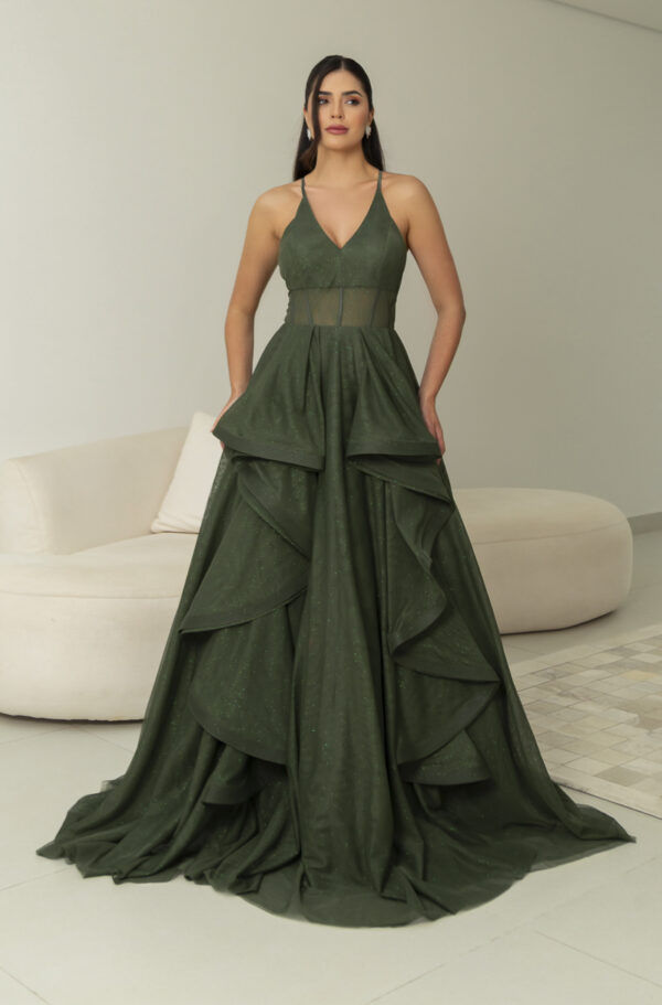 5819 - Vestido Reign Tule brilho regata com saia cascata - 36 38 40 42 - Oliva