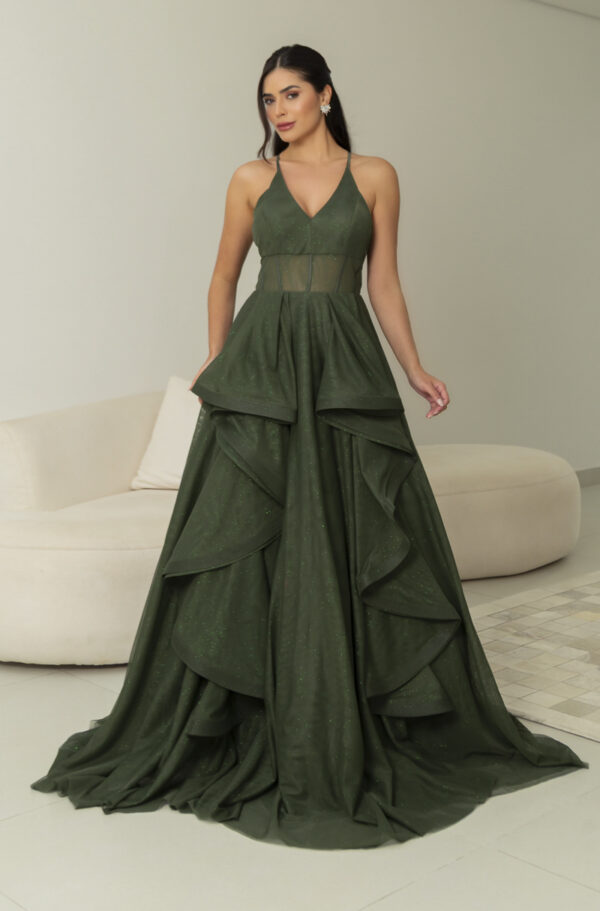 5819 - Vestido Reign Tule brilho regata com saia cascata - 36 38 40 42 - Oliva - Image 3