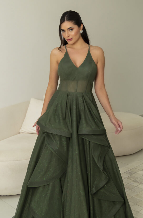 5819 - Vestido Reign Tule brilho regata com saia cascata - 36 38 40 42 - Oliva - Image 2