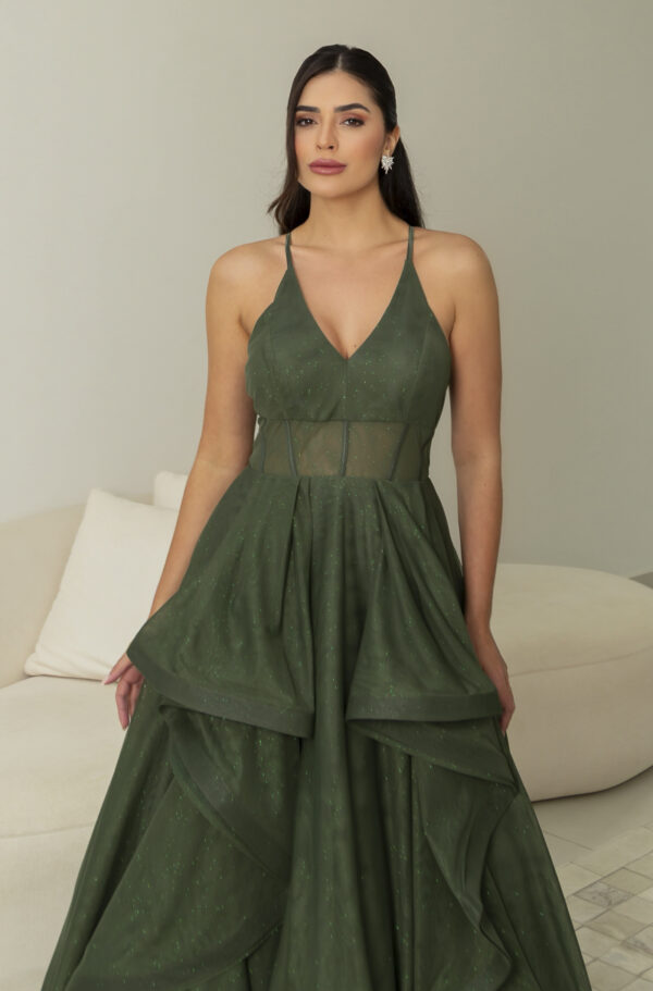 5819 - Vestido Reign Tule brilho regata com saia cascata - 36 38 40 42 - Oliva - Image 4