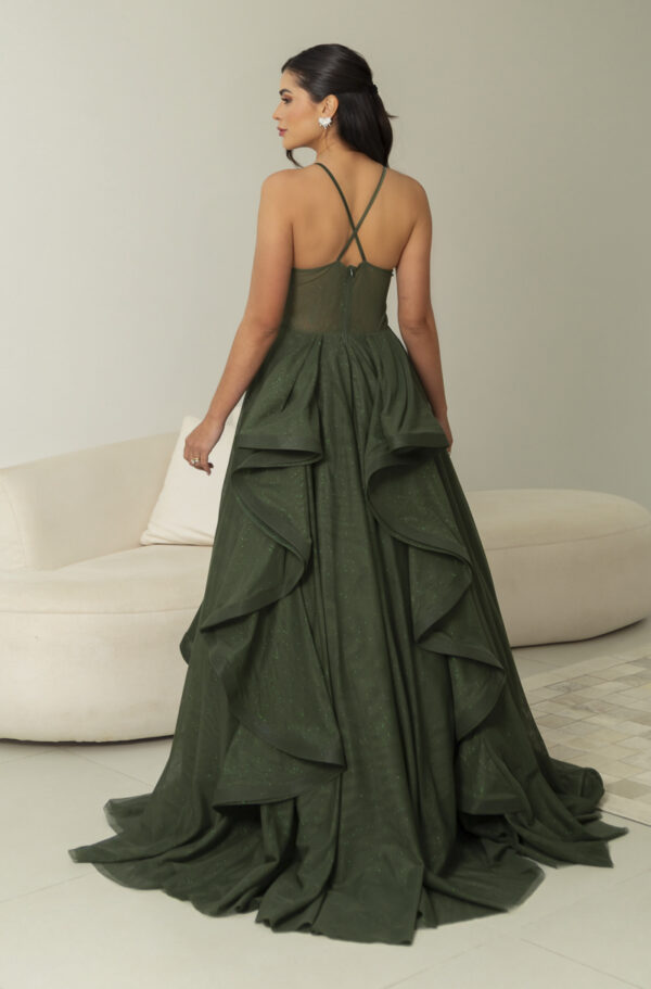 5819 - Vestido Reign Tule brilho regata com saia cascata - 36 38 40 42 - Oliva - Image 5