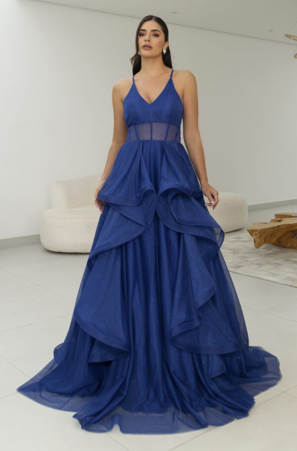 5819 - Vestido Reign Tule brilho regata com saia cascata - 36 38 40 42 - Royal