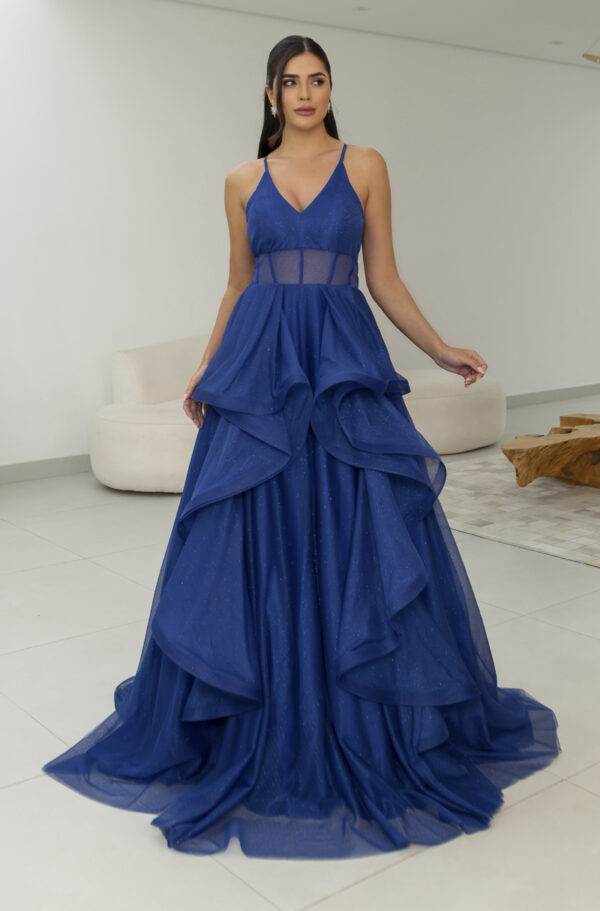 5819 - Vestido Reign Tule brilho regata com saia cascata - 36 38 40 42 - Royal - Image 3
