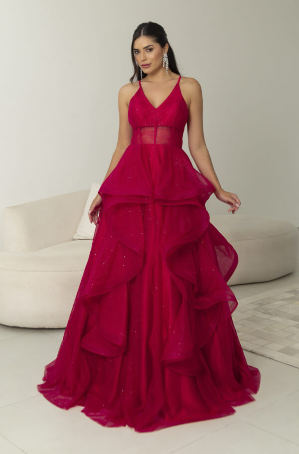 5819 - Vestido Reign Tule brilho regata com saia cascata - 36 38 40 42 - Vermelho