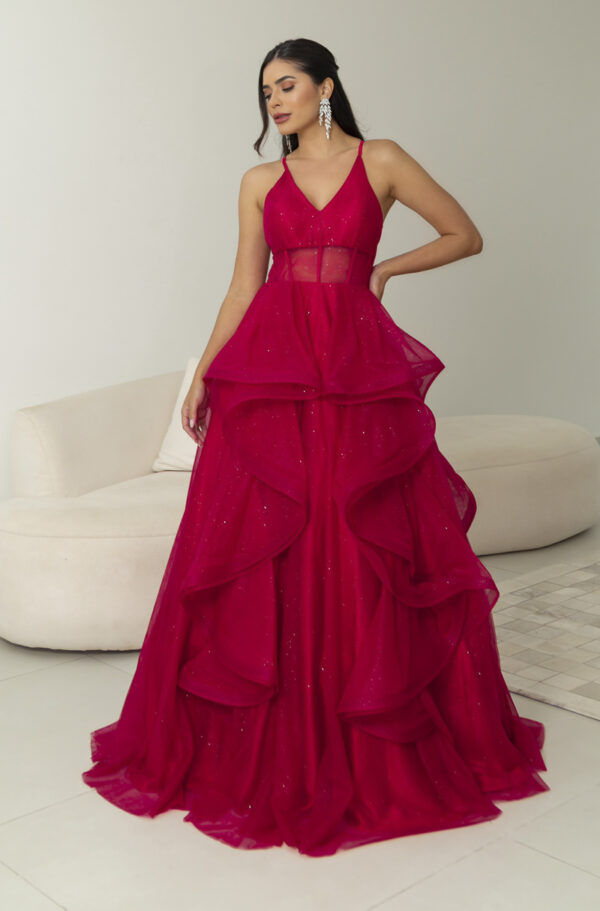 5819 - Vestido Reign Tule brilho regata com saia cascata - 36 38 40 42 - Vermelho - Image 3