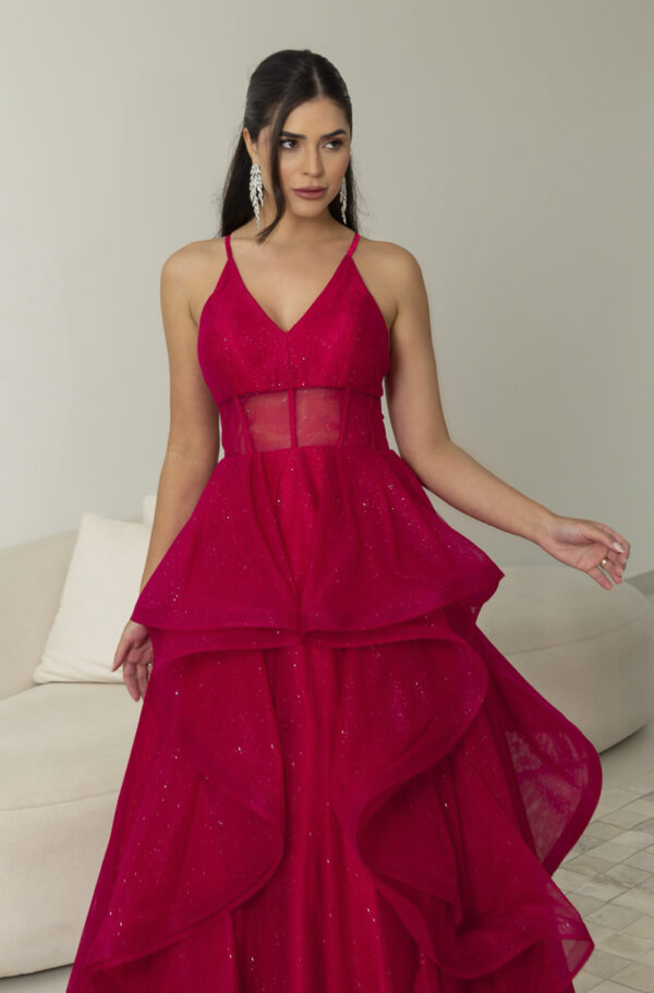 5819 - Vestido Reign Tule brilho regata com saia cascata - 36 38 40 42 - Vermelho - Image 4