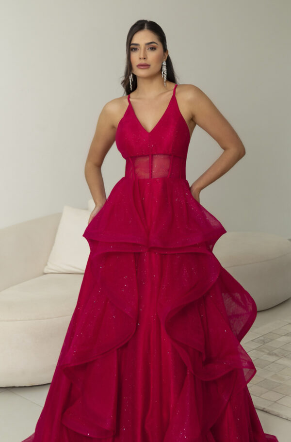 5819 - Vestido Reign Tule brilho regata com saia cascata - 36 38 40 42 - Vermelho - Image 2
