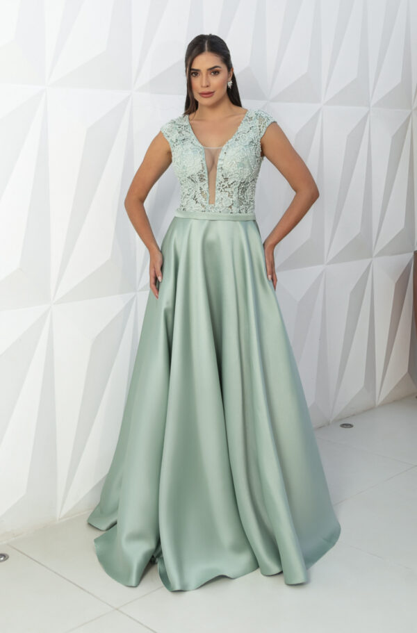 5823 - Vestido Eva Zibeline busto bordado, leve manga e saia rodada - 36 38 40 - Tiffany