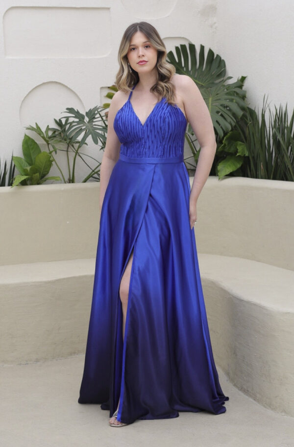 6156 - Vestido River Cetim degrade, busto plissado e saia fenda - 44 46 48 - Royal - Image 3