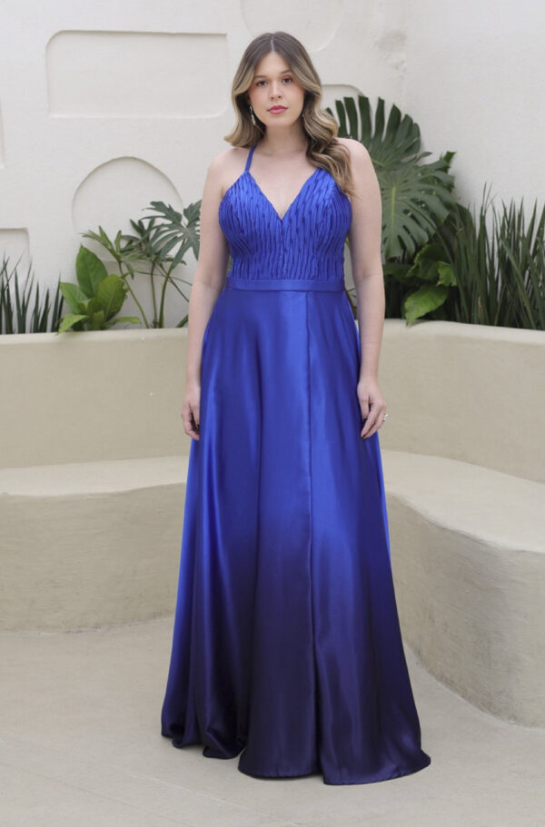6156 - Vestido River Cetim degrade, busto plissado e saia fenda - 44 46 48 - Royal