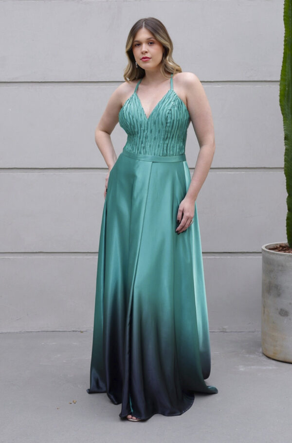 6156 - Vestido River Cetim degrade, busto plissado e saia fenda - 44 46 48 - Verde