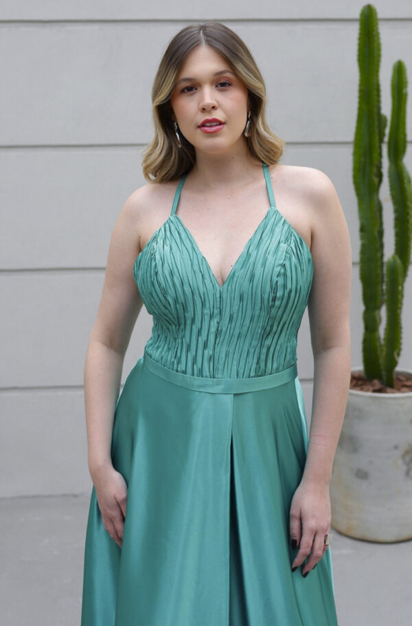6156 - Vestido River Cetim degrade, busto plissado e saia fenda - 44 46 48 - Verde - Image 2
