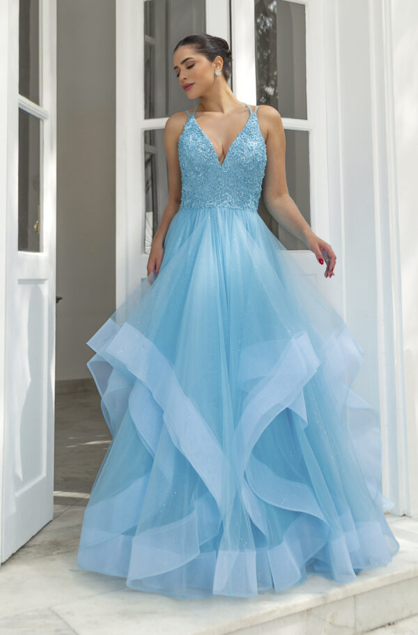 5801 - Vestido Hattie Bordado, alça dupla e saia cascata - 40 42 - Azul Céu - Image 3
