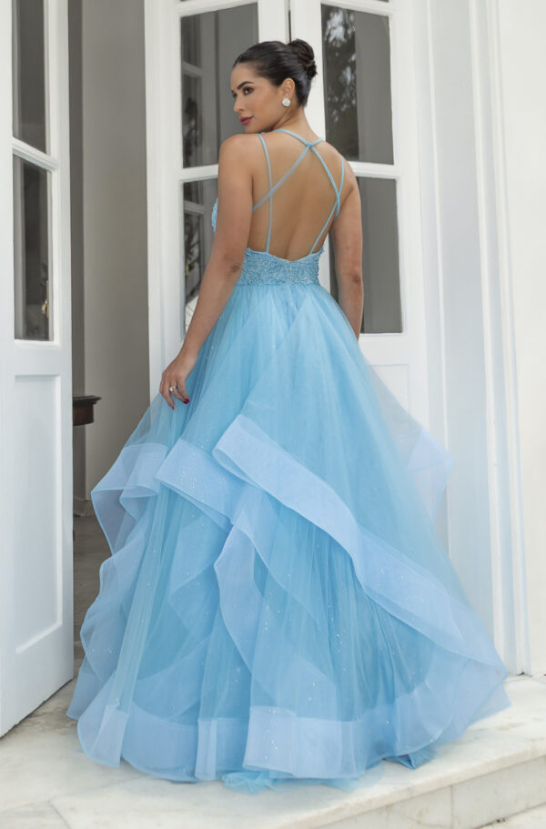 5801 - Vestido Hattie Bordado, alça dupla e saia cascata - 40 42 - Azul Céu - Image 5