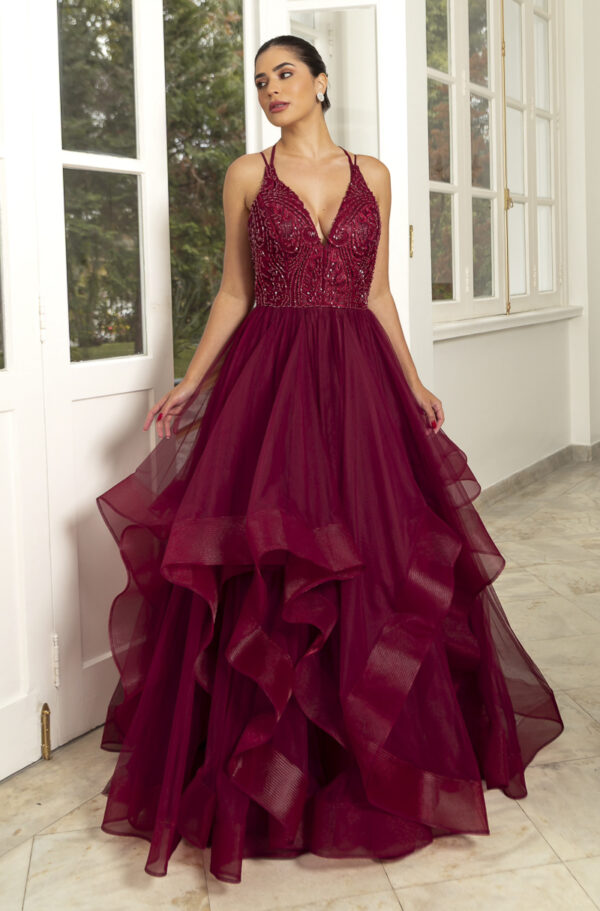 5801 - Vestido Hattie Bordado, alça dupla e saia cascata - 40 42 - Marsala - Image 3