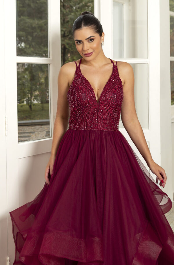 5801 - Vestido Hattie Bordado, alça dupla e saia cascata - 40 42 - Marsala - Image 4