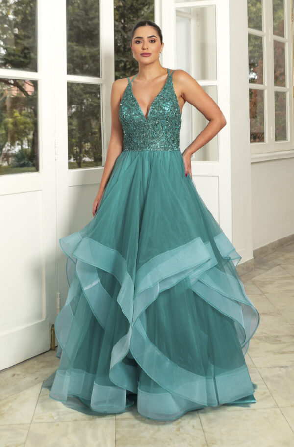5801 - Vestido Hattie Bordado, alça dupla e saia cascata - 40 42 - Verde