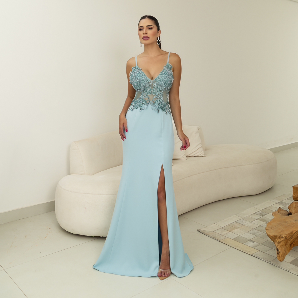 5868 - Vestido Juliana Alfaiataria busto bordado e saia sereia com fenda - 40 42 44 - Azul