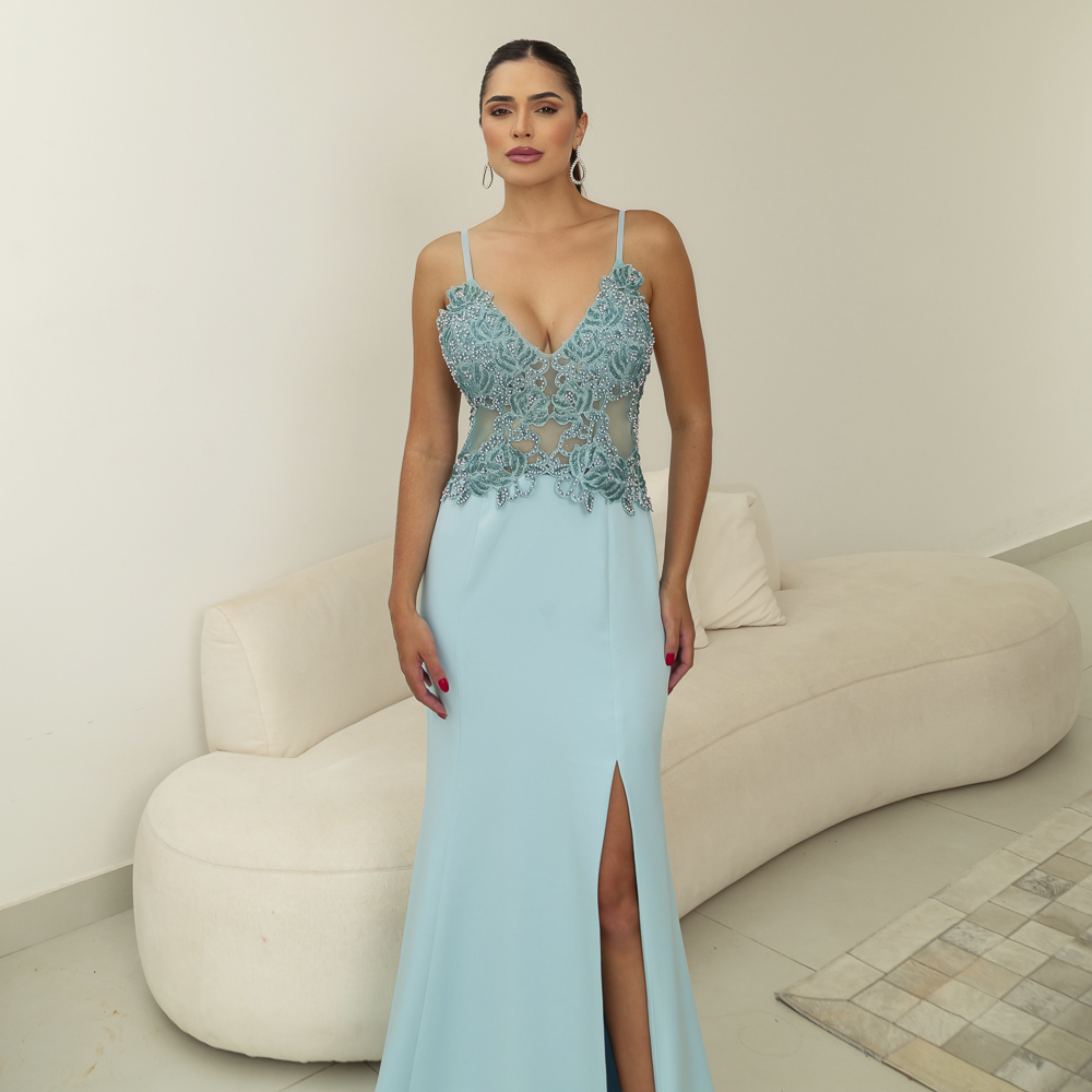 5868 - Vestido Juliana Alfaiataria busto bordado e saia sereia com fenda - 40 42 44 - Azul - Image 4