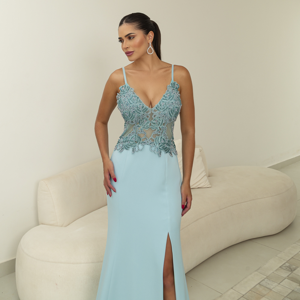 5868 - Vestido Juliana Alfaiataria busto bordado e saia sereia com fenda - 40 42 44 - Azul - Image 2