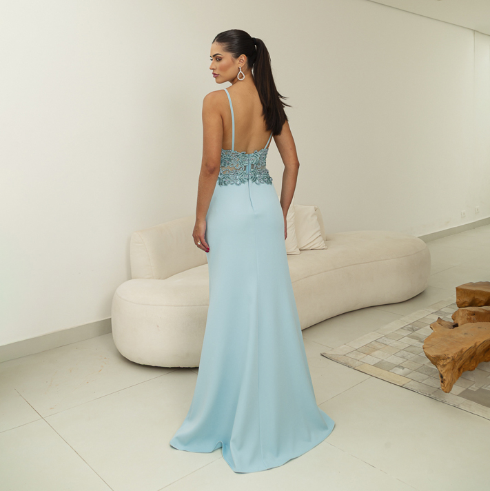 5868 - Vestido Juliana Alfaiataria busto bordado e saia sereia com fenda - 40 42 44 - Azul - Image 5